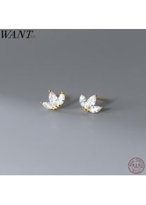WANTME 925 Sterling Silver Shiny Small Leaf Zircon Stud Earrings for Women Fashion Korean Teen Crown Piercing Pendientes Jewelry