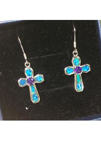 Brass Blue Opal Stud Dangle Hoop Earrings
