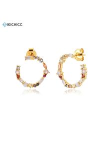 KIKICHIC 925 Sterling Silver Gold Rainbow Circle Stud Earring Piercing Women Rainbow CZ Jewelry Fine Crystal Colorful Wedding