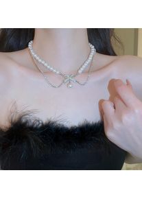 Double Layered Pearl Necklace for Women Zircon Bowknot Metal Pendants Chokers Luxury Wedding Jewelry Free Shipping
