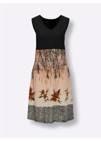 Dames Zomerjurk met V-hals, bedrukt in zwart/beige ,maat 38, WITT, 50% Katoen, 50% Modal