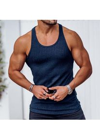 Men's Tank Top Solid Color Tightening Knit Vertical Stripe Bodybuilding Vest, Navy Blue / L