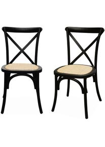 Lot de 2 chaises de bistrot en bois d'hévéa noir. vintage. assise en rotin. empilables - Noir