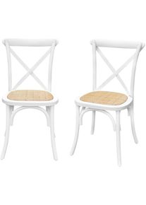 Lot de 2 chaises de bistrot en bois d'hévéa blanc. vintage. assise en rotin. empilables - Blanc