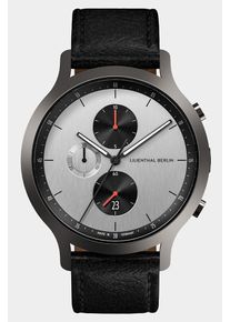 Men's Chronograph Watch - Gray - Surgical Steel Case, Sapphire Glass, Black Leather Strap - Date Display - 42mm , Quartz Movement by Ronda -