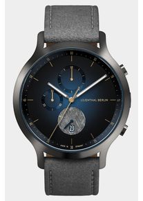 Men's Chronograph Watch - Dark Silver Blue - Surgical Steel Case, Sapphire Glass, Gray Leather Strap - Date Display - 42mm , Quartz Movement by Ronda