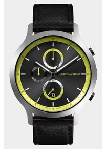 Men's Chronograph Watch - Silver Black - Surgical Steel Case, Sapphire Glass, Black Leather Strap - Date Display - 42mm , Quartz Movement by Ronda -