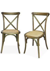 Lot de 2 chaises de bistrot en bois d'hévéa marron vieilli. vintage. assise en rotin. empilables - Marron vieilli