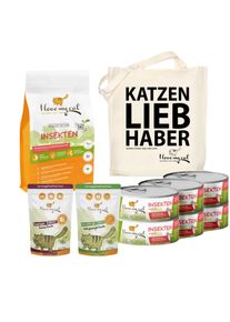 Voordeelset voor gevoelige katten - droogvoer en natvoer met insecteneiwit + nierpoeder 35g + immuunpoeder 35g + 1 jute tas van I love my cat