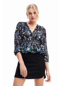 Desigual bluza 23WWBW06 WOMAN WOVEN BLOUSE LONG SLEEVE femei, culoarea albastru marin, in modele florale