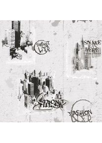 A.S. Création Papier peint gris graffiti & tag | Tapisserie style urbain pour chambre ado | Papier peint gris noir & blanc pour chambre garçon - 10,05 x 0,53 m