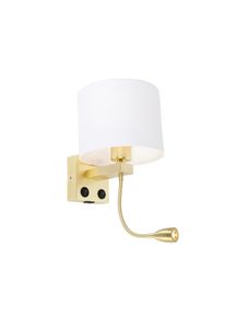 Qazqa Wandlamp goud met USB en kap wit 18 cm - Brescia Combi