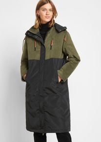 bonprix Mujer Parka larga con capucha y mezcla de materiales, corte recto negro 50