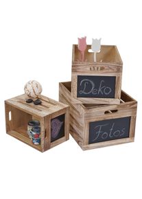 3er Set Holzkiste HWC-E11, Aufbewahrungsbox mit Tafel, Shabby-Look ~ naturbraun