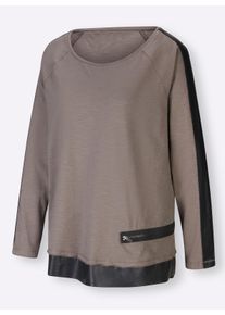 Heine Dames Shirt met lange mouwen en details van imitatieleer in taupe ,maat 34, Witt, 100% Katoen