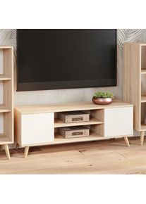 Dmora - Meuble tv avec 2 portes et 1 étagère centrale, Buffet avec pieds, Buffet de salon style scandinave, 155x40h50 cm, coloris Blanc et Chêne