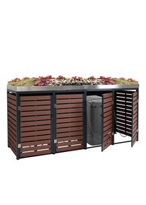 4er Mülltonnenverkleidung HWC-K14, Mülltonnenbox mit Pflanzkasten, 124x265x84cm WPC Edelstahl 132kg ~ Walnuss-Holzoptik