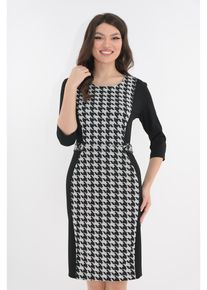 Rochie office neagra cu imprimeu geometric alb-negru