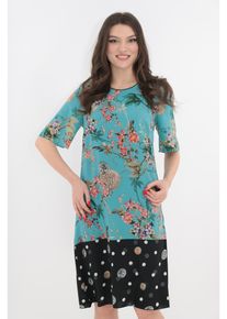 Rochie lejera bleu cu imprimeu floral si bordura neagra