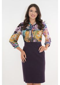 Rochie office din stofa mov si voal cu imprimeu abstract
