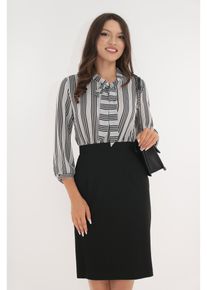 Rochie office din stofa neagra si voal cu imprimeu cu dungi