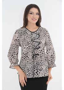 Bluza eleganta crem cu volan la decolteu si print floral negru