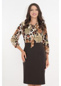 Rochie office din stofa maro si voal cu imprimeu floral