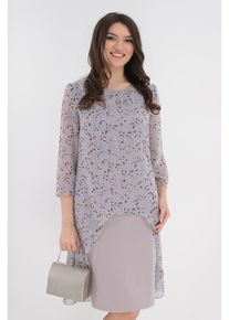 Rochie eleganta gri cu imprimeu floral si aspect suprapus