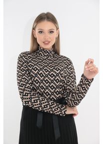 Pulover din vascoza bej cu print geometric negru