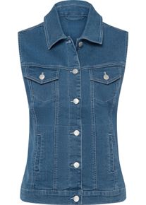 Jeansgilet, Dames, Maat 48, Bleached, Zacht denim, Platte kraag, Doorknoopsluiting, Opgestikte klepzakken, Zijzakken, Licht getailleerd, Schouderpas