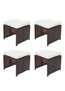 4er-Set Poly-Rattan Hocker Kreta, Gartenhocker Sitzhocker ~ braun, Kissen creme