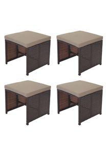 4er-Set Poly-Rattan Hocker Kreta, Gartenhocker Sitzhocker ~ braun, Kissen beige