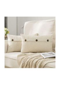 Lot de 2 Blanc 30x50cm , Housses de Coussin en Lin avec Boutons Décoratives Taie d'oreiller Tissu Lin Carrées Décor Décoratifs pour Salon Canapé Sofa