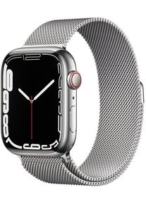 Exzellent: Apple Watch Series 7 Edelstahl 45 mm (2021) | GPS + Cellular | silber | Milanaise Armband Silber