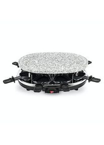 H.Koenig Grill RP85 Raclette 8 Personas, Plancha de Piedra Natural, 900 W, Acero Inoxidable, Negro, 8 Sartenes Antiadherentes