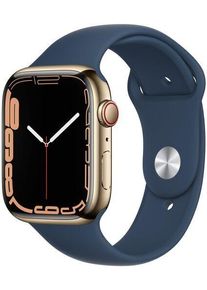 Apple Watch Series 7 Edelstahl 45 mm (2021) | GPS + Cellular | gold | Sportarmband Abyssblau