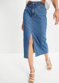 bonprix Długa spódnica dżinsowa z rozcięciem, z materiału Positive Denim #1 Fabric niebieski 48
