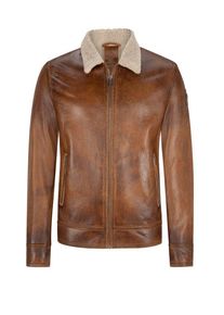 Plus size : Milestone, Vintage-style leather blouson with faux fur lining in a Cognac