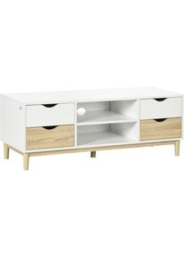HOMCOM - Meuble tv banc tv style scandinave 4 tiroirs 2 niches passe-fils panneaux blanc aspect chêne clair - Blanc