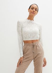 bonprix Krótka bluzka koronkowa w ludowym stylu, długi rękaw, biały, 46