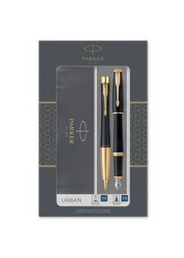 Parker Urban Duo-Geschenkset mit Kugelschreiber und Füller | schwarz-goldene Zierteile | Nachfüllmine und -patronen mit blauer Tinte | Geschenkbox