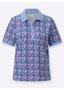 Dames Poloshirt met knoopsluiting in blauw/fuchsia bedrukt ,maat 36, WITT, 100% Katoen