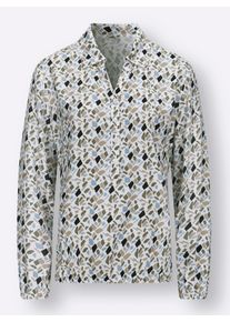Dames Blouse met lange mouwen en elastische boorden in ecru/bleu geprint ,maat 38, WITT, 100% Viscose
