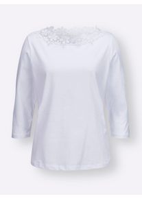 Damen 3/4-Arm-Shirt mit transparenter Blüten-Spitze in weiß ,Größe 38, WITT, 100% Baumwolle. Spitze: 100% Polyester
