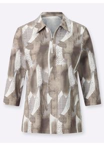 Dames Poloshirt met korte ritssluiting in sesam/wit bedrukt ,maat 38, WITT, 100% Katoen