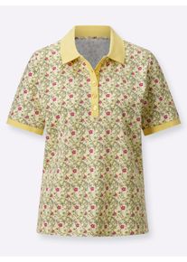 Dames Poloshirt met knoopsluiting in citroen/fuchsia bedrukt ,maat 36, WITT, 100% Katoen