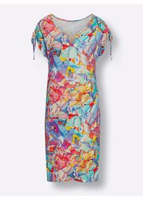 feel good Dames Zomerjurk met gerimpelde bandjes op de schouders in fuchsia/turkoois bedrukt ,maat 36/38, Witt, 95% Viscose, 5% Elastan