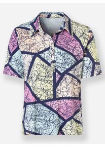 Dames Poloshirt in mozaïekdessin in marine/oudroze gedessineerd ,maat 38, WITT, 95% Viscose, 5% Elastan