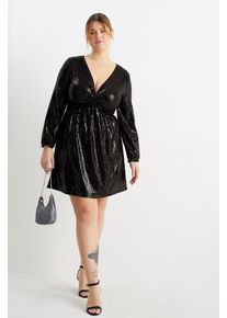 C&A Clockhouse-Fit & Flare Kleid mit Knotendetail-glänzend, Schwarz, Taille: XL