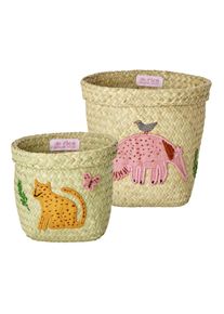 Rice - Round Raffia Baskets with Animal Embroidery Anteater/Leopard